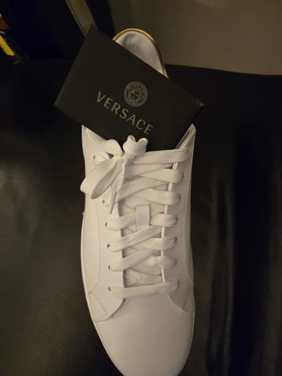 Versace White Leather Men's Athletic Sneakers with Gold Stamped Detail - Picture 2 of 7